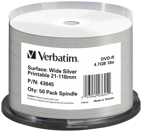 Verbatim DVD-R 4.7GB Wide Silver Inkjet Printable 1x50